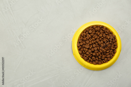 Dry food in pet bowl on grey background, top view. Space for text