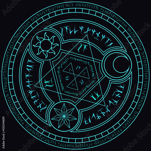 light blue magic incantation circle with fantasy alphabets spell (named Fotonth) and symbol of sun moon star on black background