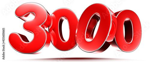 Rounded red numbers 3000 on white background 3D illustration with clipping path