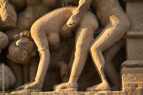 Erotic scenes from the temple frieze in Khajuraho/India.Reproduction is the production of new, independent offspring of a living being. The union here is not primarily a physical act, but a spiritual 