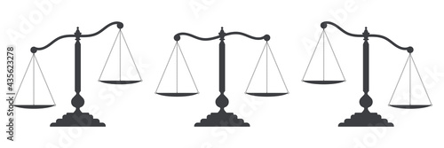 Scales of justice set. Dark empty scale isolated on white background. Bowls of scales in balance, an imbalance of scales. Classic balance icon. Law balance symbol. Vector illustration