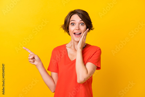 Portrait of nice brunette impressed lady point empty space wear red t-shirt isolated on vivid yellow color background