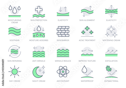 Cosmetic properties line icons. Vector illustration include icon - day cream, moisture, dermatology, soothing, collagen outline pictogram for skincare product. Green Color, Editable Stroke