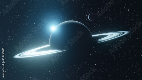 View from the shadow zone of a ringed planet and a nearby satellite orbiting a star in the middle of the cosmos. Science fiction scene. 3D Rendering