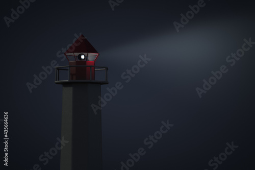 Marine lighthouse on foggy night. Glowing spotlight in the tower