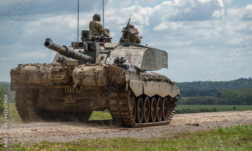 super close-up of a British army Challenger 2 ii FV4034 main battle tank in action on a military battle exercise, Wiltshire UK