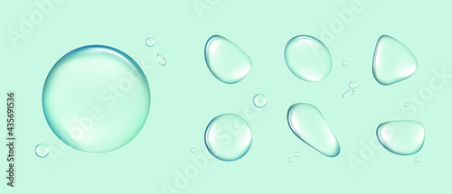 Set of transparent water drops of different shapes isolated on a blue background, vector illustration, liquid, 3d illustration