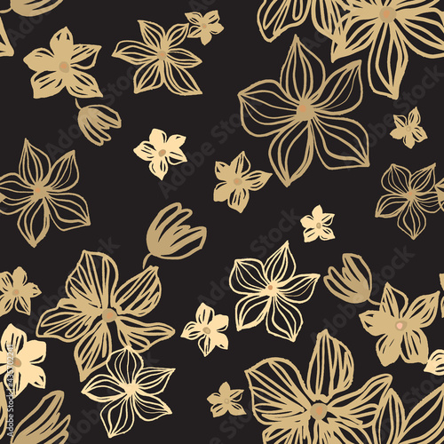 vector seamless pattern with drawing yellow, gold, beige flowers. Floral watercolor background and line art hand drawn illustration. Exotic flowering texture print