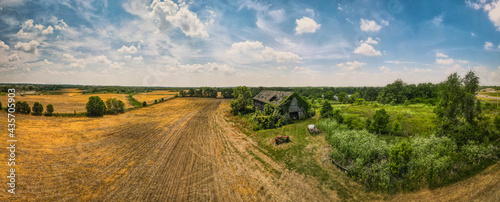 Aerial panorama of an agricultural field planted with yellow crops and an old, abandoned barn next to it in rural Kentucky