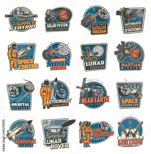 Galaxy and space discovery icons, vector emblems astronaut in galaxy, rocket in outer cosmos, shuttle expedition, explore adventure. Satellite in space, lunar rover on planet surface retro labels set
