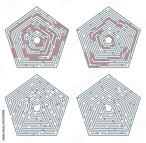 Labyrinth maze game or puzzle with way exit escape, vector. Riddle game or rebus, find the way on pentagon geometric labyrinth maze, logic quiz and education activity game to choose path route