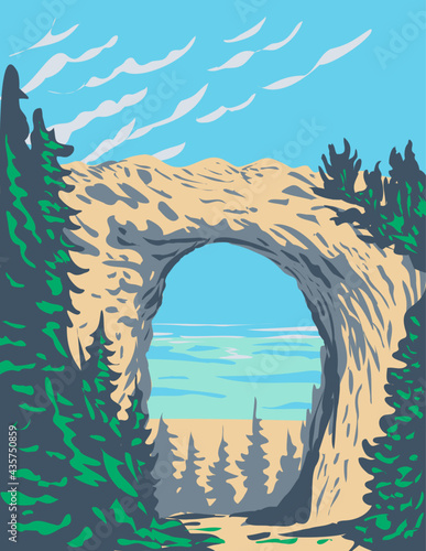 WPA Poster art of Arch Rock located in Mackinac Island within Mackinac National Park in Michigan that existed from 1875 to 1895 done in works project administration style or federal art project style.