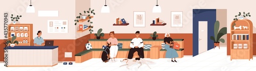 Queue in vet clinic's reception. People and pets waiting for appointments in lobby of veterinary hospital. Modern interior of medical center for animals. Colored flat vector illustration