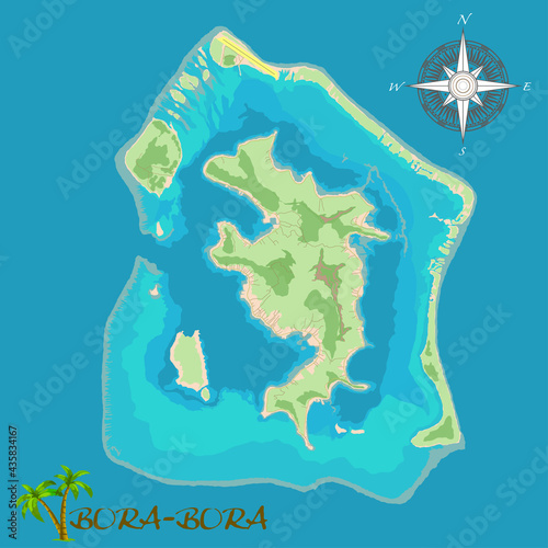 Bora-Bora Island. Realistic satellite background map with roads and airport location. Drawn with cartographic accuracy. A bird's-eye view.