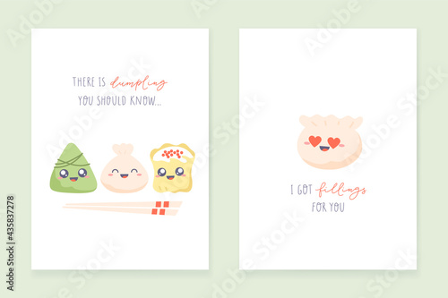 Dim sum - postcard design. Set of greeting cards with dumplings and hand-lettered funny phrases. Vector kawaii design