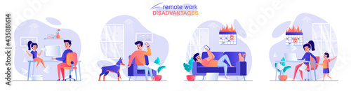 Remote work disadvantage concept scenes set. Child or dog interferes with work, man breaks deadline, woman overworked. Collection of people activities. Vector illustration of characters in flat design