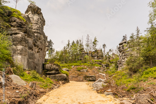 Ostas Nature Reserve and table mountain,Broumov region,Czech republic.View of rocks,caves,bizarre sandstone formations.Small natural town with labyrinth of rocks.Protected area.Romantic rocky canyon