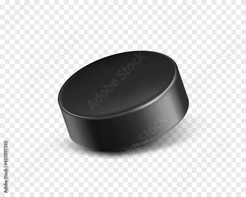 Vector 3d realistic black rubber puck closeup for play ice hockey isolated on transparent background. Sport equipment, inventory or hard round disk for team game on skating rink, competition.