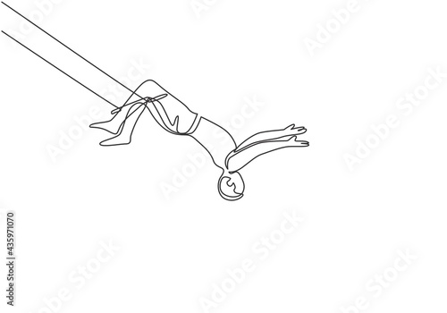 Single continuous line drawing a male acrobat performs on the trapeze with his legs hanging and head down while swinging his hand. Brave and agile. One line draw graphic design vector illustration.
