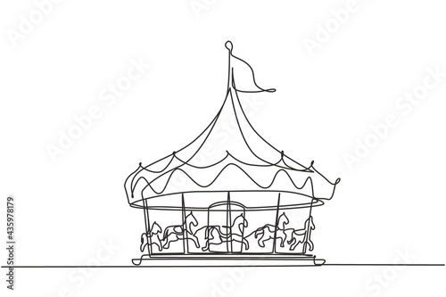 Continuous one line drawing horse carousel in an amusement park spinning under a large tent with a flag on it. Recreation that children love. Single line drawing design vector graphic illustration
