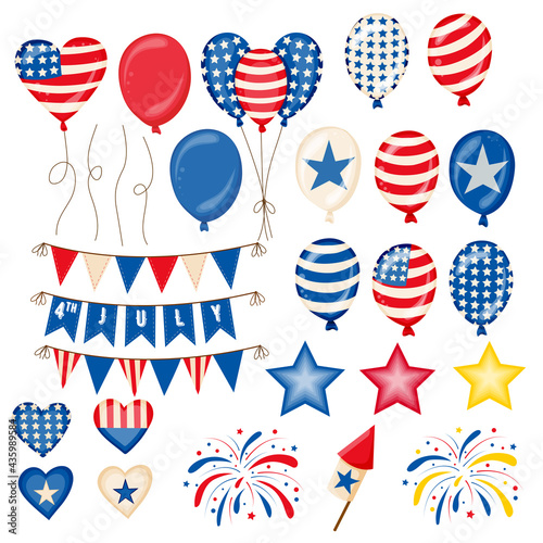 Fourth of July Independence Day symbols set. American patriotic illustration of balloons, flags, stars, fireworks and firecracker with red and blue colors