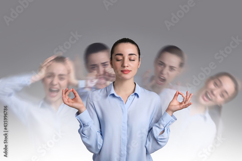 Woman with personality disorder on light background, multiple exposure