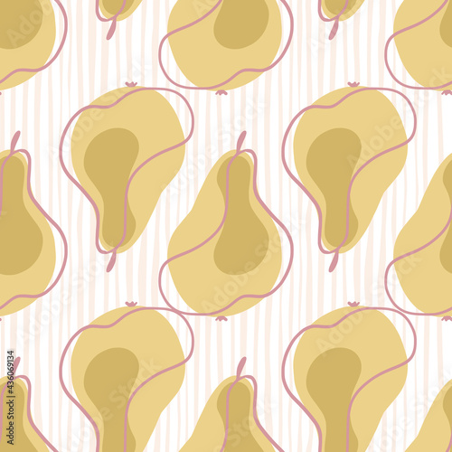 Pastel beige contoured pears seamless pattern in doodle style. Striped background. Natural food print.