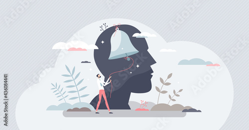 Self conscious and awareness as attention to inner human tiny person concept. Sharp thinking and notice actions around as awake yourself with inner ringing bell vector illustration. Psychology scene.