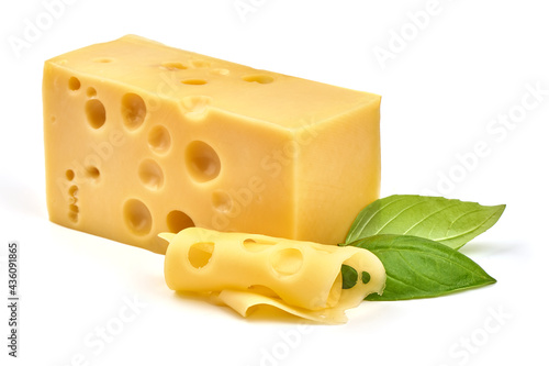 Swiss cheese, isolated on white background. High resolution image.