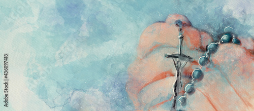 Rosary. Christian banner. Watercolor.