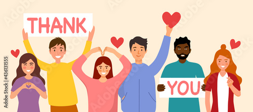 People show thank you and love message via hand gesturing and text sign in flat design. 