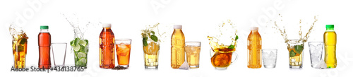 Collage of tasty cold tea on white background