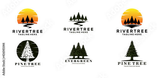 set of evergreen pine tree logo vintage with river creek vector emblem illustration design