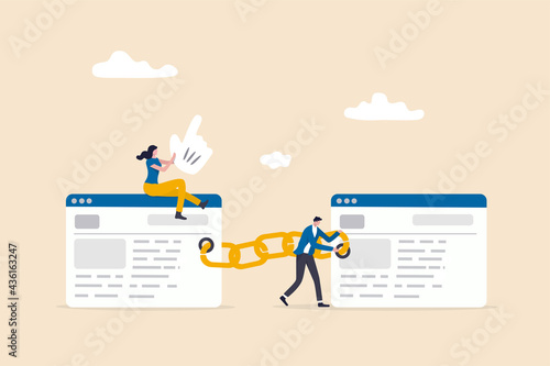 Add back link to website in increase quality score in SEO, search engine optimization concept, people digital team attach chain link to websites browser for SEO optimization.