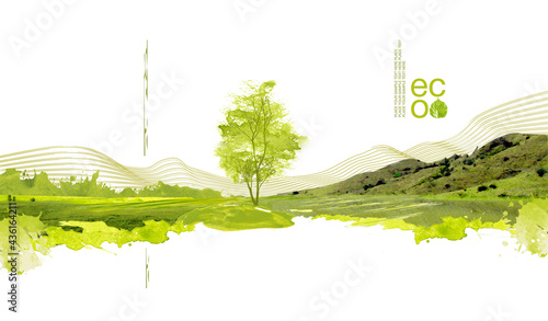Illustration of environmentally friendly planet. Green hills and field with tree planting from watercolor stains,isolated on a white background. Think Green. Ecology Concept. Environmental awareness.