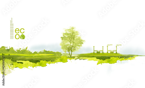 Illustration of environmentally friendly planet. Green factory and tree on the field, planting from watercolor stains,isolated on a white background. Think Green. Ecology Concept.