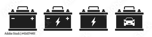 Car battery icon collection. Energy power accumulator. Automotive charge sign. Auto battery symbols isolated on white background. Vector illustration.