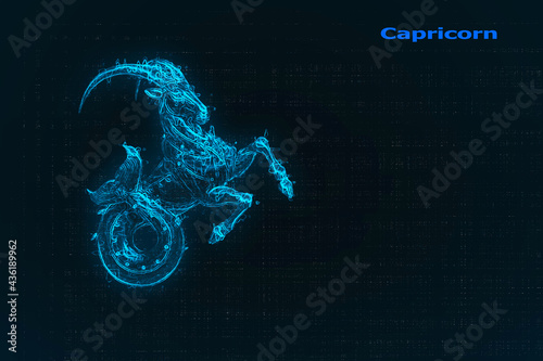 Capricorn zodiac sign white symbol on black background with stars. Abstract head of astrological sign capricorn