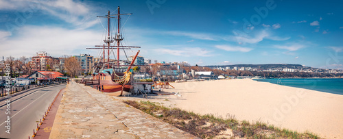 Panoramic spring cityscape of Varna town. Bright seascape of Black sea. Colorful outdoor scene of Bulgaria, Europe. Traveling concept background..