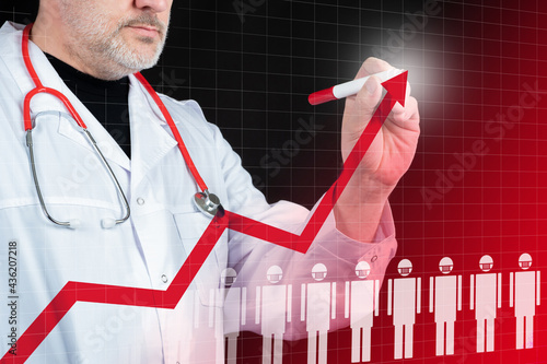 Growth of mortality. Doctor draws a schedule of infections. Schedule of recovering and pandemic deaths. Increased mortality among patients. Growing line indicates mortality. Coronavirus. Covid 19.