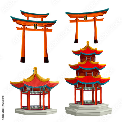Ancient japan culture objects set withjapanese gate, tory and pagoda isolated vector illustration. Japan vector set collection
