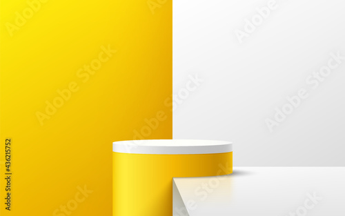 Abstract white and yellow cylinder platform podium. Bright yellow and white minimal wall scene. Modern vector rendering 3d shape for product display presentation. Geometric pedestal design.