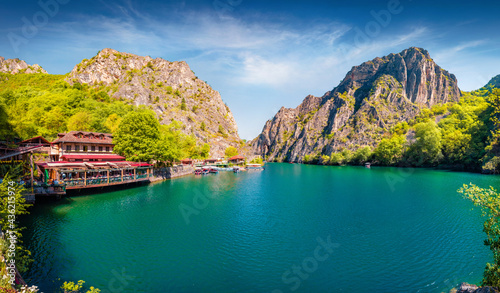 Stunning spring view of popular tourist destination - Matka Canyon. Amazing morning scene of North Macedonia, Europe. Traveling concept background..