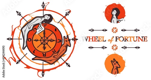 Esoteric symbols on the theme of the Tarot card Wheel of Fortune. Wheel of Fate with Angel and Demon. Isolated over white background.