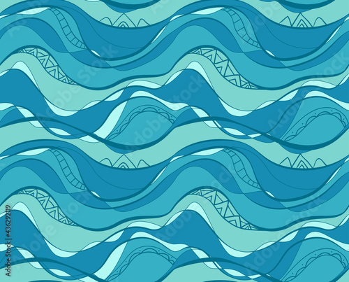 Seamless pattern with blue and turquoise waves with tribal pattern. Water surface. Vector texture of the ocean and rivers. Wallpaper with a sea ornament. Summer beach fabric with boho decoration