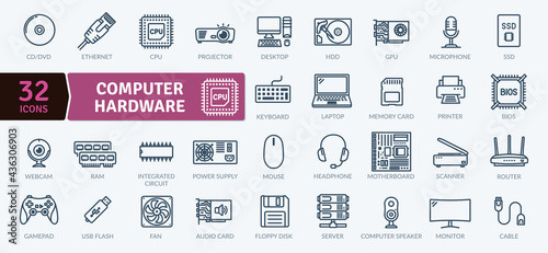 Computer Hardware and peripheral Icons Pack. Thin line icons set. Flat icon collection set. Simple vector icons