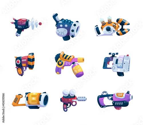 Cartoon guns. Alien game weapon. Futuristic lasers and blasters set. Astronaut combat ray handguns. Fictional weaponry with triggers and handles. Vector fantastic plasma or beam arms