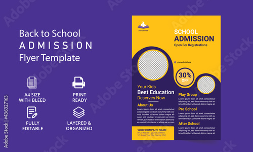 Kids back to school education admission flyer layout template. School education admission social media post template.