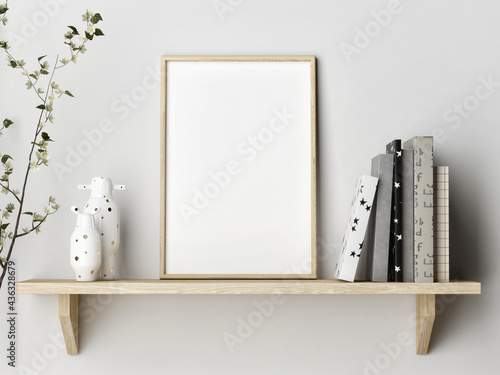 Mockup poster on wooden shelf with books, home decoration, 3d render, 3d illustration.