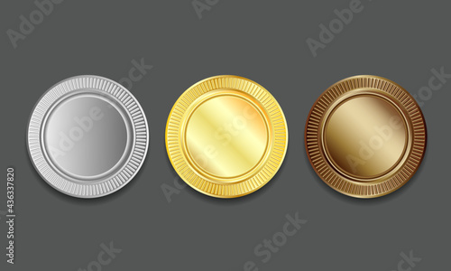 Empty Blank Set vector templates for winner awards medals, coin, price tags, sports, sewing buttons, buttons, icons or medals with gold silvver and bronze shiny metal texture and embossed rim around.